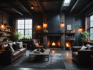 Dark living room loft with fireplace, industrial style