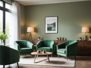 Home interior mock-up with green armchairs, table and decor in living room