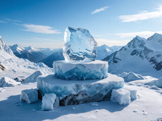 Ice podium background snow winter product platform cold mountain 3D. Podium ice display background cosmetic sky floor blue scene landscape frozen white cool stand pedestal minimal rock glacier nature