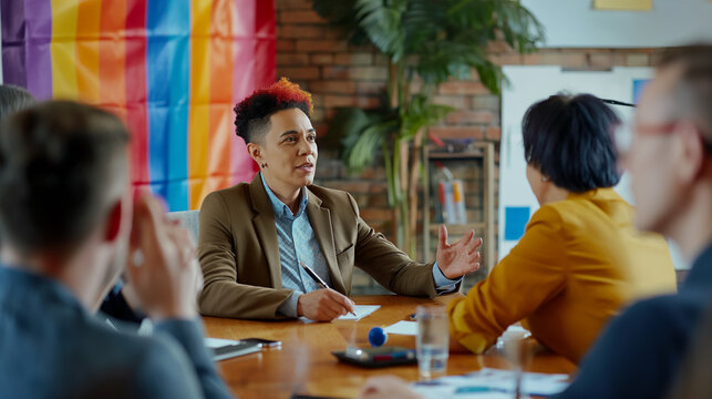 Head of a team of LGBTQ business professionals in an office conference room Market planning, strategy, or talking with customers