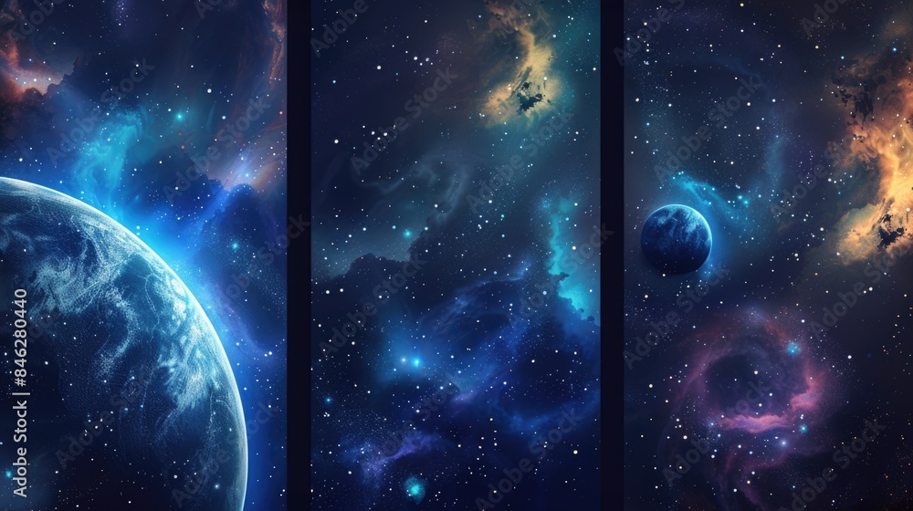 Canvas Prints three panels of a space scene with a planet in the middle