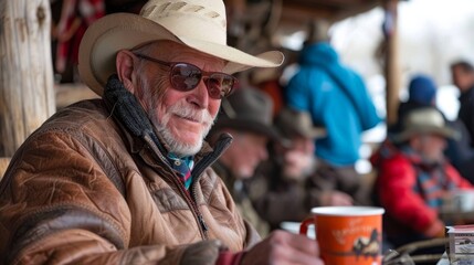 Obraz premium Cowboy poetry and songs are shared over a hearty breakfast offering a glimpse into the rich culture of the west.