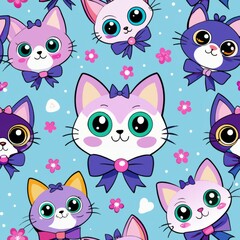 Fototapeta premium Seamless pattern of cartoon kittens with big, sparkling eyes and playful expressions, each kitten adorned with tiny accessories like bows and collars, Generative AI