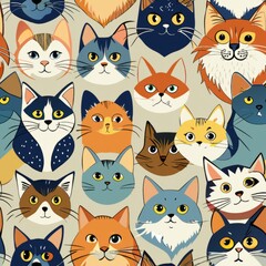 Seamless pattern of cats in different breeds and colors, showcasing a variety of fur patterns and unique markings, Generative AI