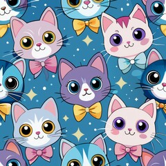 Fototapeta premium Seamless pattern of cartoon kittens with big, sparkling eyes and playful expressions, each kitten adorned with tiny accessories like bows and collars, Generative AI