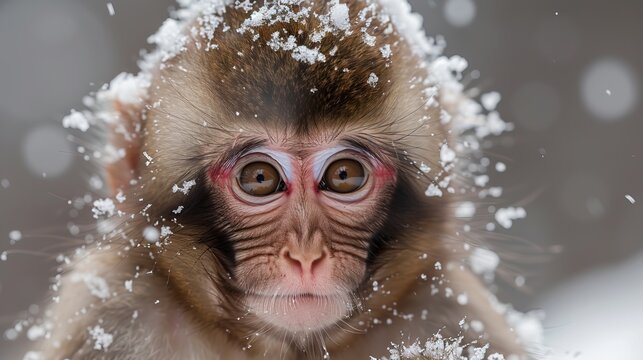 Detailed capture of a snow-dusted monkey against soft-focus backdrop. A baby monkey with snow on its head