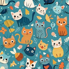 Seamless pattern of cats in different breeds and colors, showcasing a variety of fur patterns and unique markings, Generative AI