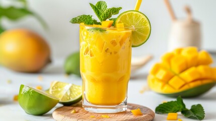 Fototapeta premium Delicious mango smoothie in glass jar on grey background with copy space. Refreshing summer drink