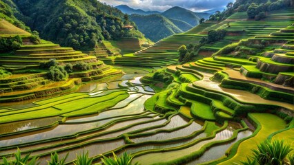 Lush green rice terraces cascade down misty mountains in a vibrant Asian rural landscape - Powered by Adobe