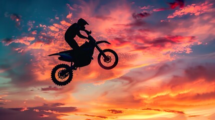 Motocross Rider Soaring Mid-Air Against a Sunset Sky