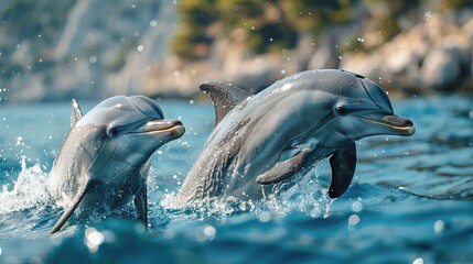 Graceful dolphins leaping in unison against a serene ocean backdrop