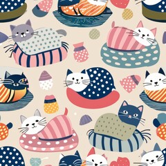 Seamless pattern of cats napping on soft cushions and blankets, each cushion featuring different patterns like polka dots or stripes, Generative AI