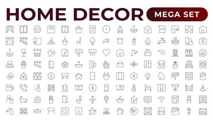 Set of furniture and home decor related icon set. home decor, decorations line icons. Contains such Icons as Children's Bed, Sofa, Hanger and more. Linear icon illustration collection.