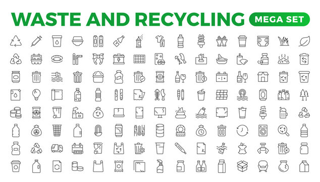 Set of Waste and Recycling line icons. Garbage, Trash, separation, and waste recycling Linear icon collection.