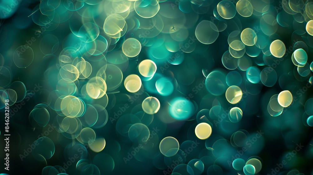 Poster green bokeh background with soft light effects, ideal for fresh and tranquil design projects, featur
