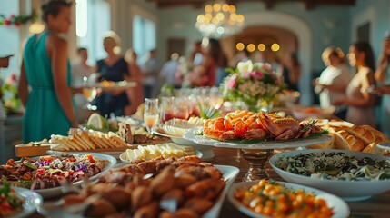 Fototapeta premium A panoramic view of a joyous Graduation brunch, showcasing a celebratory meal and the warmth of a family gathering
