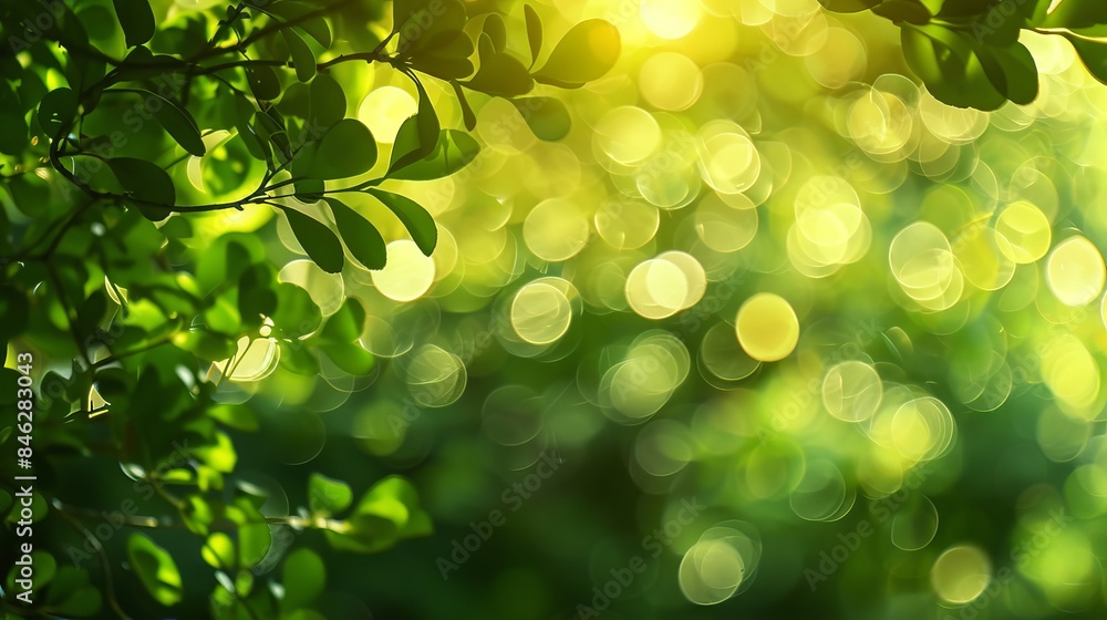 Poster spring nature abstract background with green leaves and bokeh effect - blurred foliage from trees fo