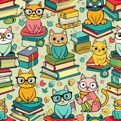Obraz premium Seamless pattern of cats wearing glasses and reading books, some cats sitting on stacks of books while others hold tiny spectacles, Generative AI