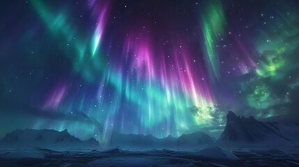 Fototapeta premium A serene moment of a rear view of Northern Lights dancing gracefully in the night sky in the Canadian wilderness, portraying the mesmerizing aurora borealis glowing in vivid colors