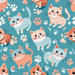 Seamless pattern of cats with fish and milk bottles scattered around them, some cats playfully pawing at the bottles, Generative AI