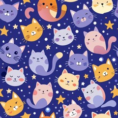 Seamless pattern of cats with little stars and moon elements around them, creating a dreamy night-time theme with sleeping and awake cats, Generative AI