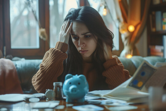 Young woman with long dark hair holding her head in frustration, surrounded by bills and coins on a table, indicating financial stress in a cozy living room setting