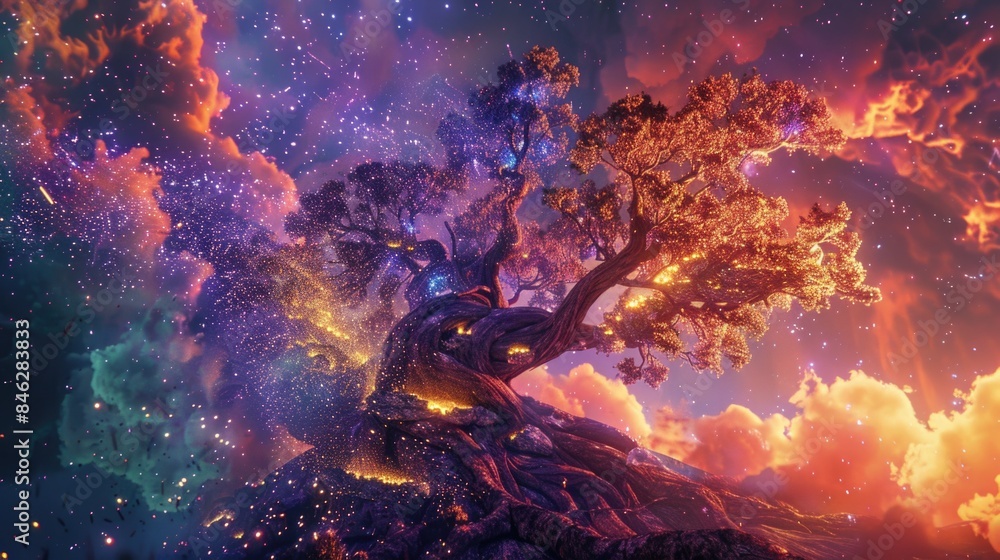 Wall mural a tree with many branches and leaves is shown in a colorful sky