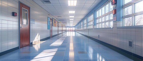 A side view of a high school hallway during a safety drill, showcasing security measures like CCTV and emergency exits in a realistic digital art style