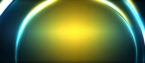 Neon glowing circle rays, light round lines in the dark, planet style neon wave lines. Energetic electric concept design for wallpaper, banner, background