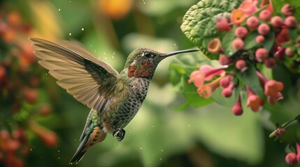 Naklejka premium A hummingbird is flying over a bush with red berries
