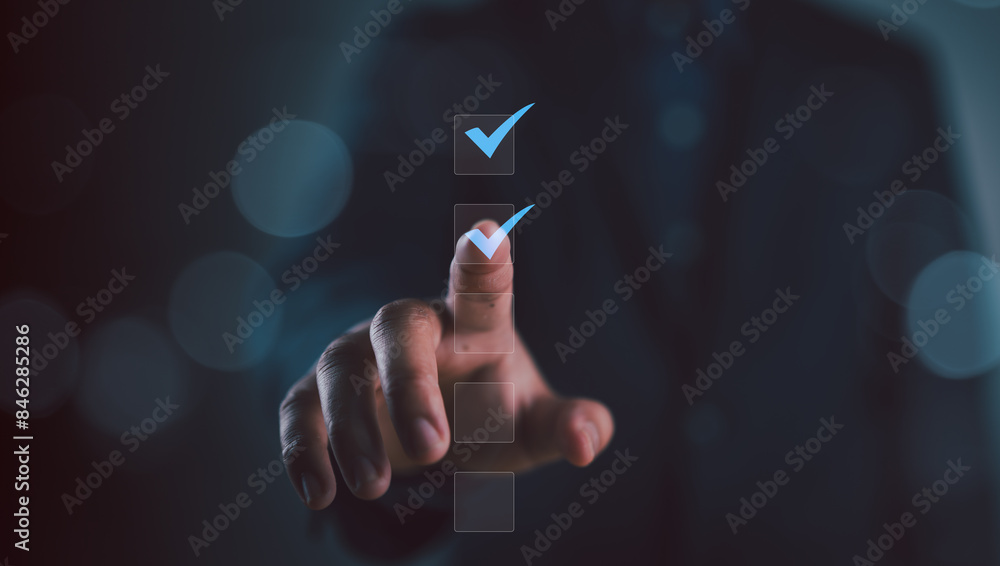 Poster business performance checklist, businessman using laptop doing online checklist survey, filling out 