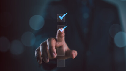 Business performance checklist, businessman using laptop doing online checklist survey, filling out digital form checklist, take an assessment, questionnaire, evaluation, online survey, online exam.