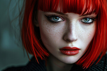 Young beautiful woman with pale skin and red hair with bob hairstyle with bangs and black eye makeup