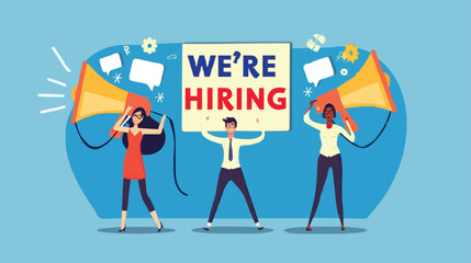 HR recruiting announcement we are hiring advertisement, human resources or employer looking for candidate for job vacancy concept, business people HR with megaphone holding we are hiring sign. Design 