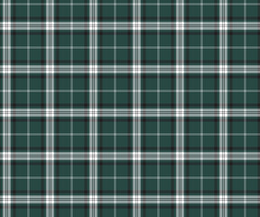 Plaid pattern, green, black, white, seamless for textiles, and for designing clothing, skirts, pants or decorative fabric. Vector illustration.
