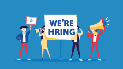 HR recruiting announcement we are hiring advertisement, human resources or employer looking for candidate for job vacancy concept, business people HR with megaphone holding we are hiring sign. Design 