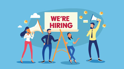 HR recruiting announcement we are hiring advertisement, human resources or employer looking for candidate for job vacancy concept, business people HR with megaphone holding we are hiring sign. Design 