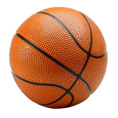 Close-up of an orange basketball with a textured surface and black lines, isolated on a white background.