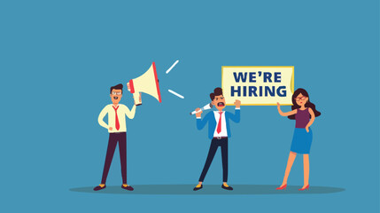Fototapeta premium HR recruiting announcement we are hiring advertisement, human resources or employer looking for candidate for job vacancy concept, business people HR with megaphone holding we are hiring sign. Design 