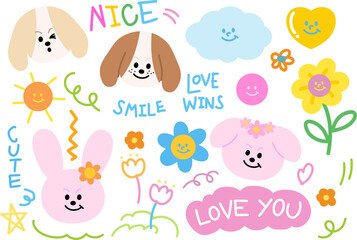 Pastel illustrations of puppy, bunny, cloud, heart, flowers, sun, star, doodles for animal icon, logo, sticker, easter, zoo, adopt pet, vet, cartoon character, comic, mascot, cute patches, valentine