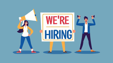 Fototapeta premium HR recruiting announcement we are hiring advertisement, human resources or employer looking for candidate for job vacancy concept, business people HR with megaphone holding we are hiring sign. Design 