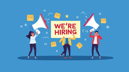 Fototapeta premium HR recruiting announcement we are hiring advertisement, human resources or employer looking for candidate for job vacancy concept, business people HR with megaphone holding we are hiring sign. Design 