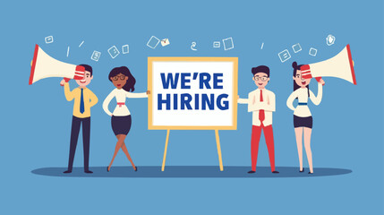 HR recruiting announcement we are hiring advertisement, human resources or employer looking for candidate for job vacancy concept, business people HR with megaphone holding we are hiring sign. Design 