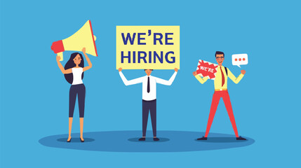HR recruiting announcement we are hiring advertisement, human resources or employer looking for candidate for job vacancy concept, business people HR with megaphone holding we are hiring sign. Design 
