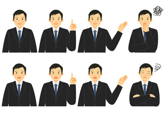 Fototapeta premium スーツを着た男性の色々なポーズのイラストのセット 