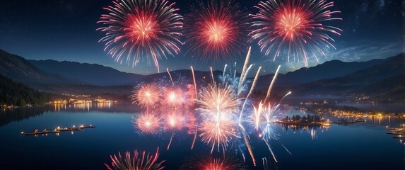 A stunning fireworks display over a lake with mountain scenery, capturing a festive and celebratory atmosphere perfect for holidays and special events