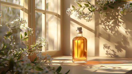 The oil bottle product is placed near the window. The surrounding area is decorated with flowers. with white flowers decorations