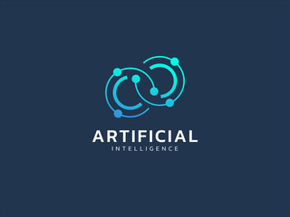 Artificial intelligence with twisted infinity double circle symbol technology Analysis logo vector design concept. AI technology logotype symbol for advance technology, tech company, ui, network, web.