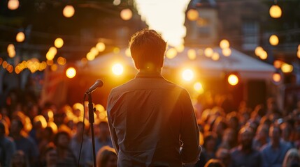 Close-up of a comedian performing at an outdoor venue at Edinburgh Fringe Festival