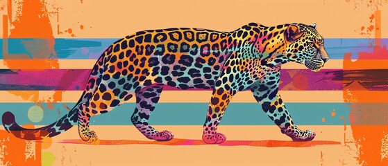 Pop art leopard on vibrant striped background, bold colors, playful, graphic style, sunset hues,watercolor